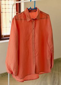 Peach Textured Sheer Panel Button-Down Shirt