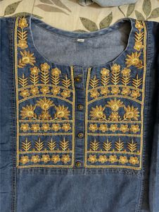 Neck Embroided Denim Cotton Kurti