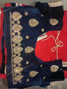 Red Mirror Work Saree With Makhmal Border