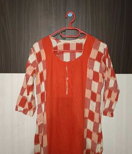 Vintage Orange Checkered Dress Kurti Size L