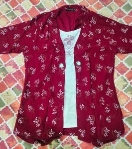 Floral Red Jacket with White Tank Top