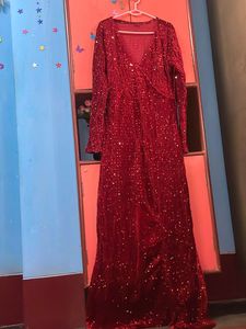 Velvet Red Sequin Evening Gown For Party