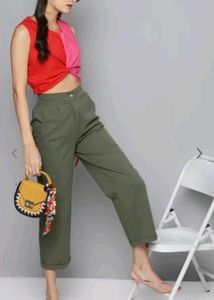 Women Olive Green Pure Cotton Straight Trouser