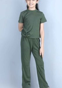 Girls Olive Green Solid Ribbed Cotton Coord Set