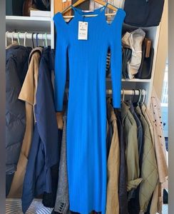 Zara Pointelle Blue Stretch Cold Shoulder Bodycon