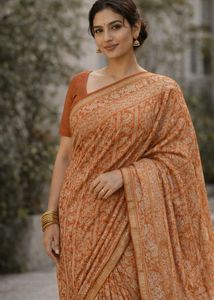 Rust Orange Printed Silk Saree