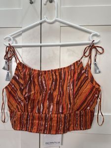 Orange Striped Tassel Crop Top