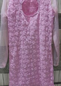 Beautiful Mirror Work Chikankari Baby Pink Kurti