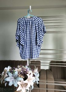 Blue Gingham V-Neck Blouse