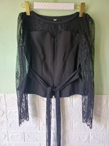 Black Lace Sleeve Tie-Waist Top