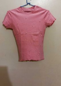 Pink Ribbed Pearl Top