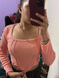 Coral Ribbed Long Sleeve Top