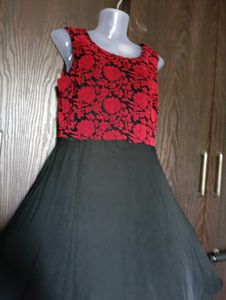 Red & Black Floral Embroidered Dress