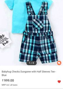 Babyhug Checks Dungaree with Half Sleeves Tee