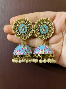 Blue Kundan Jhumka Earrings