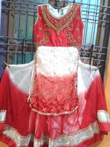 Red &amp; White Embroidered Lehenga