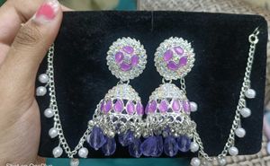 Purple Jhumka Earrings with Ear Chain