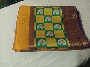 Golden Saree With Blue Pallu