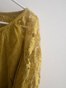 Mustard Yellow Lace-Detail Peplum Top