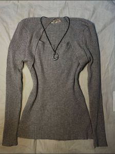 Gray Ribbed Long Sleeve Top