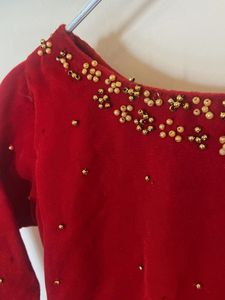Red Velvet Kurti with Gold Bead Detail