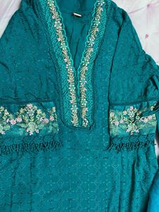 Teal Pakistani Chiken Embroidered Kurta Set