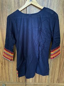 Embroidered Cuff Navy Blouse