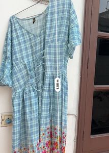 Blue Plaid Dress with Floral Hem