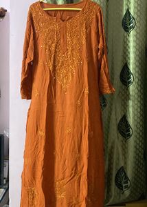 Rust Orange Rayon Mukaish Chikankari Kurta