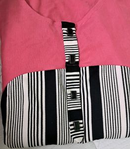 High Low Pink Top with Black N White Stripes