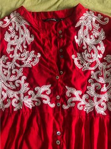 Printed Red Kurta Top With Work And Buttons