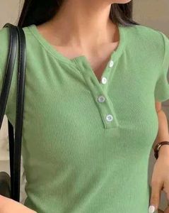 Green Ribbed Button Top