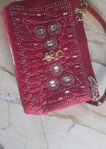 Red Quilted Handbag with Gold Detail