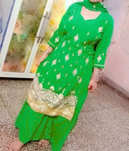 Green Silk Plazzo Kameez Set With Dupatta