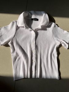 White Ribbed Button-Up Top