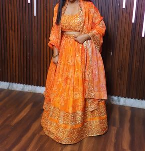 Orange&amp; gold sequined lehanga Myntra