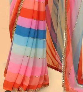 Colorful Striped Saree With Golden Zari Border