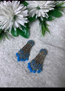 Blue Flower & Bead Dangle Earrings