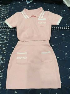 Korean Cute Pink Collared Top And Mini Skirt