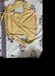 Yellow Ribbed Wrap Top