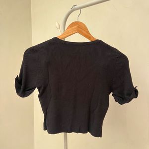 Black Ribbed Knit Top with Gold Versace Buttons