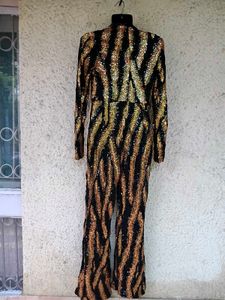 FEATHER PRINT SEQUINNED JUMPSUIT