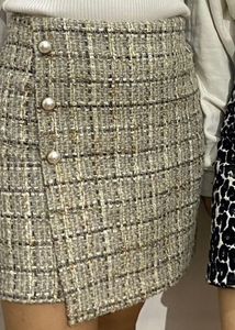 Chic Tweed Mini Skirt with Pearl Button Detail