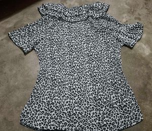 Pleated Ruffle Neck Animal Print Top