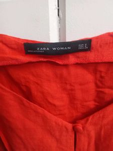 Zara Woman Orange Linen Flutter Sleeve Button Dres