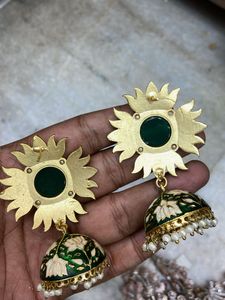 Green Floral Jhumka Earrings