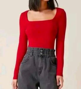 square neck full sleeve red colour top for women a