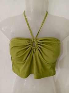 Chic Green Ribbed Halter Crop Top