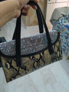 Stylish Snake Print & Rhinestone Handbag