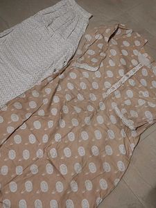 Beige &amp; White Printed Kurta Set
